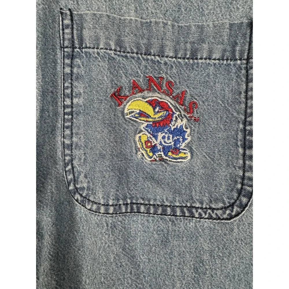 Kansas Jayhawks Shirt Mens L Blue Denim‎ Button Up Embroidered NCAA College